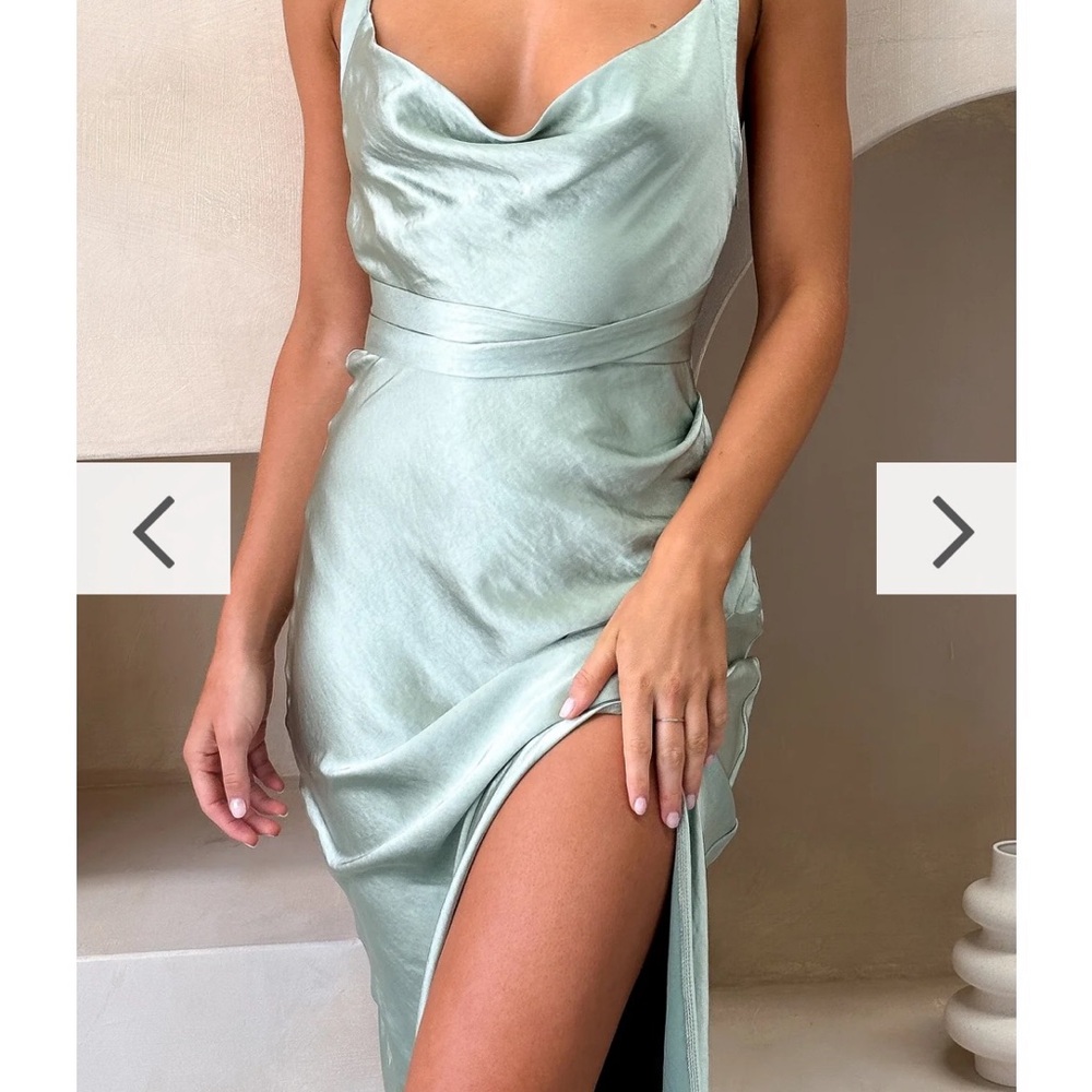Sage Ruched Slip Dress with Cowl Neck